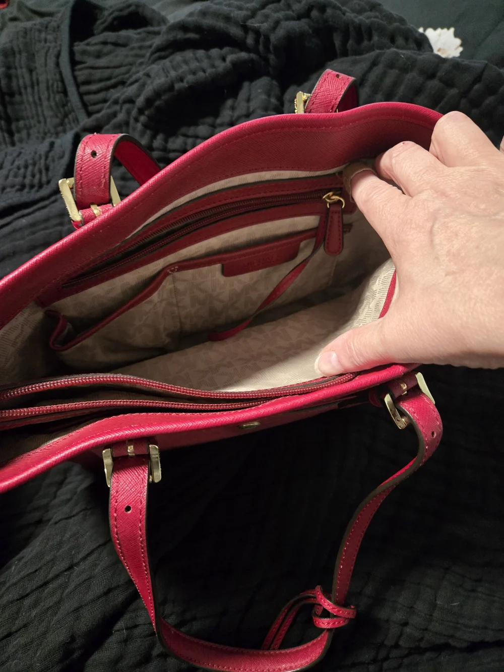Michael Kors Red Saffiano Leather Tote with Gold MK Charm